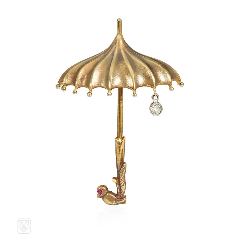 art deco brooches for women-Retro gold parasol brooch