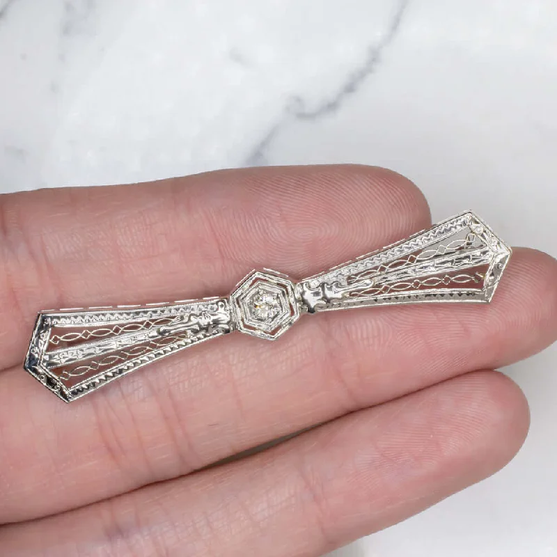 luxury brooches for women-ART DECO DIAMOND 18K WHITE GOLD BOW TIE STICK PIN PENDANT VINTAGE 1920s BROOCH