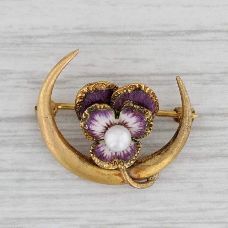 crystal flower brooches for women-Antique Flower Crescent Moon Cultured Pearl Brooch 14k Gold Art Nouveau Pin