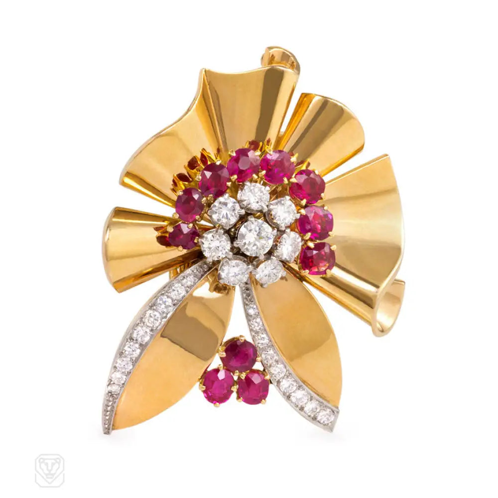 luxury diamond brooches for women-Mid-century gold, ruby and diamond brooch, Sasportas for Bailey Banks & Biddle