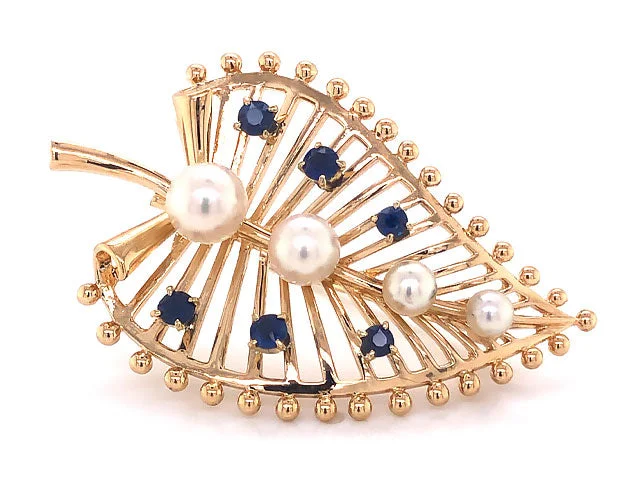 colorful gemstone brooches for women-Mikimoto Pearl and Blue Sapphire Leaf Brooch in 14k Yellow Gold