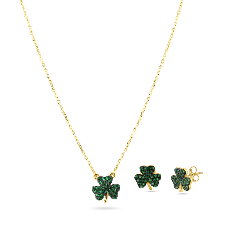 luxury diamond necklaces for women-Gold Plated 925 Sterling Silver Mini Green Clover Set with CZ