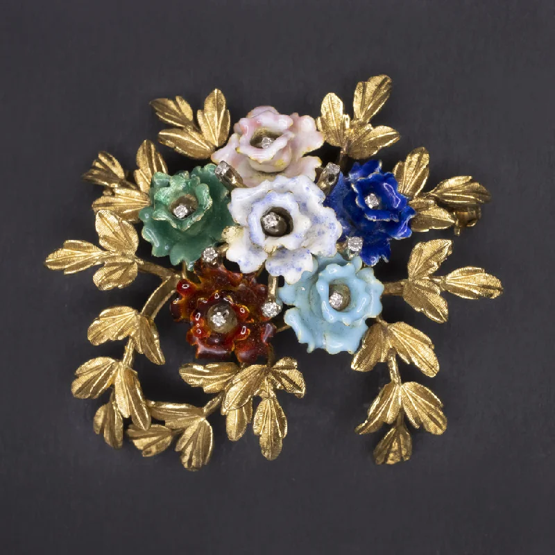 crystal brooches for women-VINTAGE DIAMOND ENAMEL FLOWER PIN 18gm 18k YELLOW GOLD ITALIAN BROOCH BOUQUET