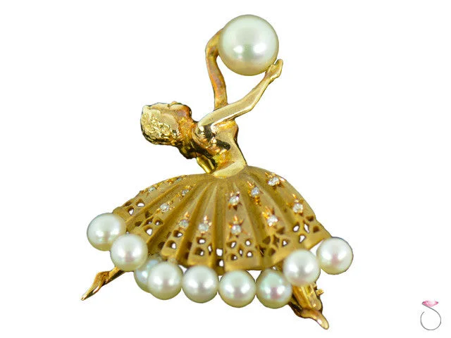 charming brooches for women-Vintage Ballerina Diamond & Akoya Pearl Brooch