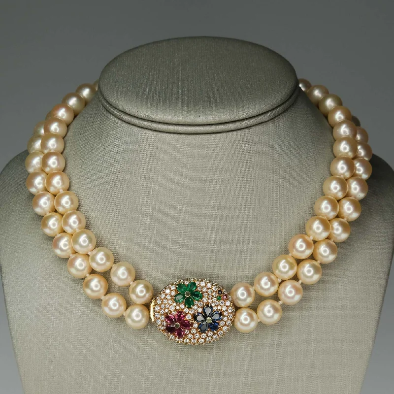 fashion statement necklaces for women-Gold South Sea Pearls Double Strand with Gem and Diamond Clasp in 18K Gold