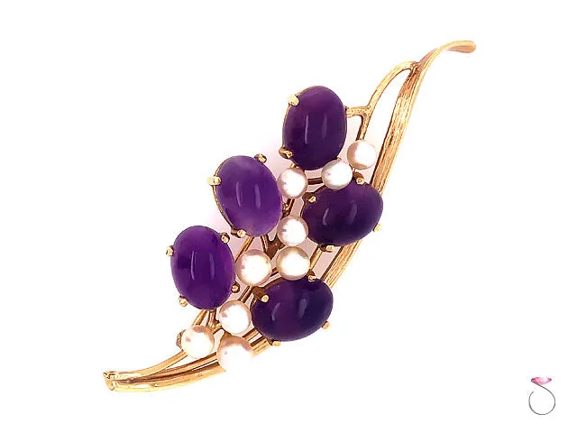 designer brooches for women-Ming's Hawaii Amethyst & Akoya Pearl 14k Yellow Gold Floral Brooch