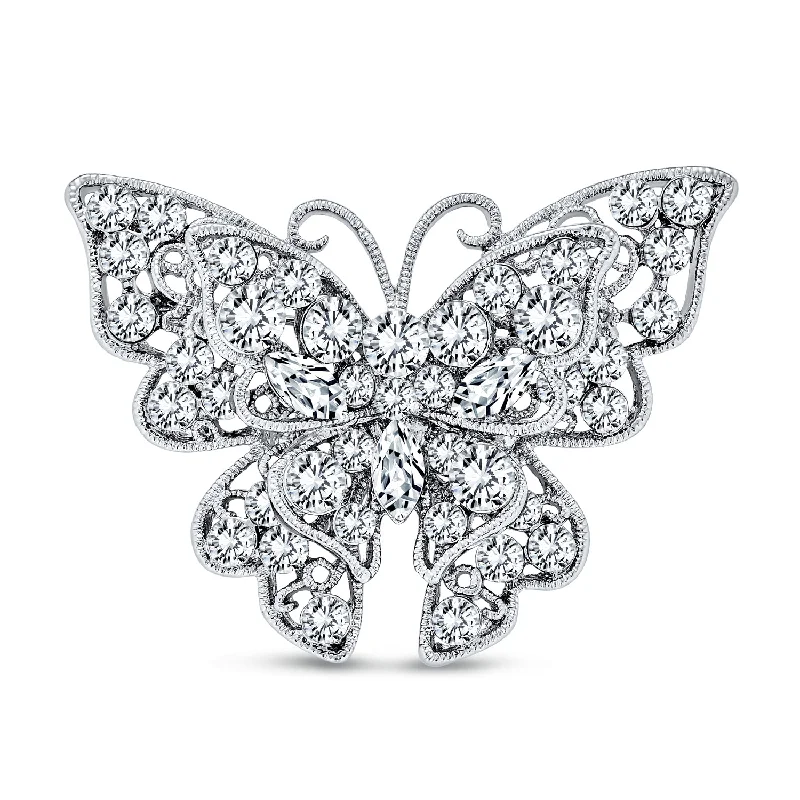 vintage wedding brooches for women-Large Crystal Filigree Butterfly Brooche Pin for Fashion Statement Silver Plated Brass