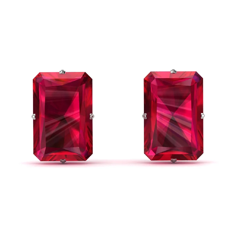 unique earrings for women-Hidden Halo Emerald Cut Ruby Earrings  - Vanessa No. 72