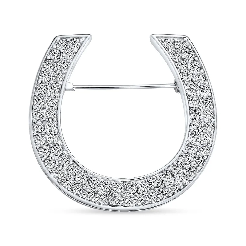 antique brooches for women-Large Western Equestrian Cubic Zirconia Horseshoe Brooche Pin Silver Plated Brass