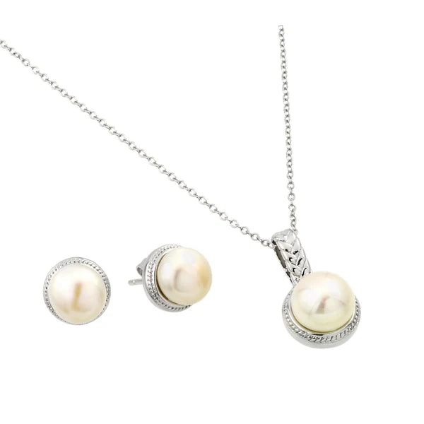 gold chain necklaces for women-Silver 925 Rhodium Plated Fresh Water Pearl Rope Border Matching Set