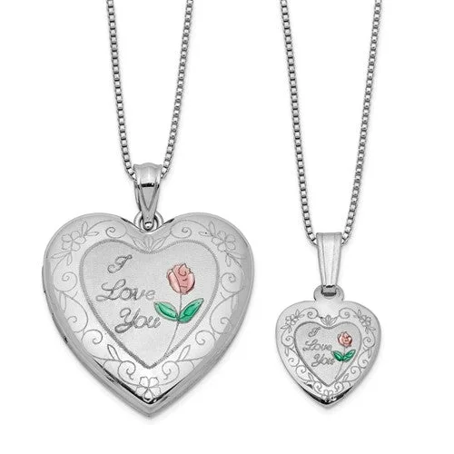 designer necklaces for women-Sterling Silver 'I Love You' Rose Heart Mother & Daughter Locket Set