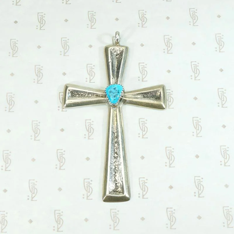 fashion chain necklaces for women-Sand Cast Silver Cross with Kingman Turquoise