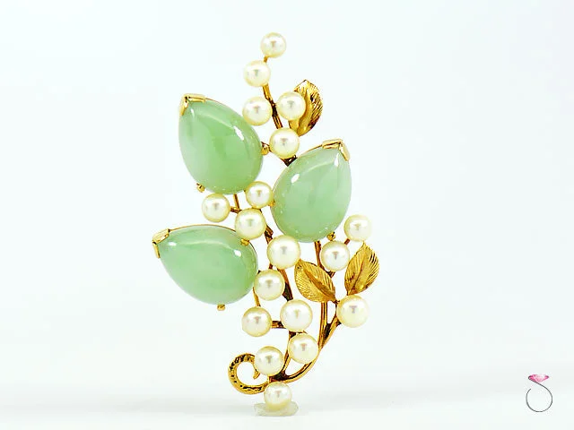 holiday brooches for women-MING'S HAWAII GREEN JADE & PEARL BROOCH