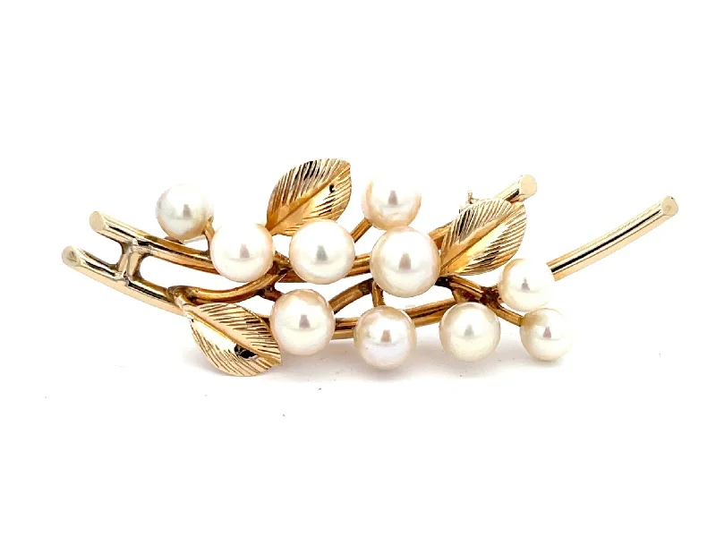 luxury diamond brooches for women-Mings Pearls and Leaves on a Branch Brooch in 14k Yellow Gold