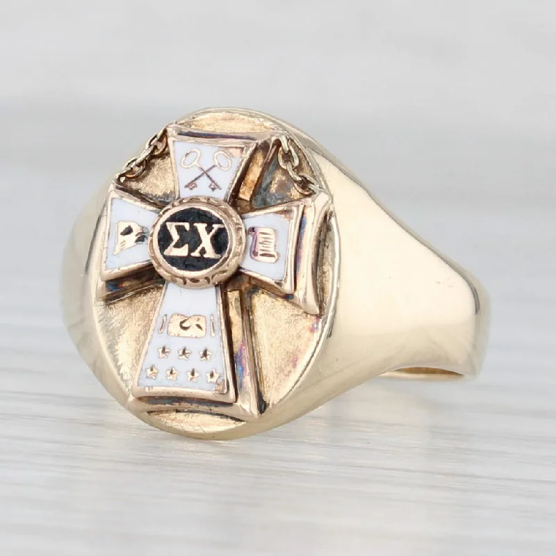 mixed metal engagement rings for women-Sigma Chi Fraternity Ring 10k Gold Enamel Vintage Converted Badge Signet Sz 9.5