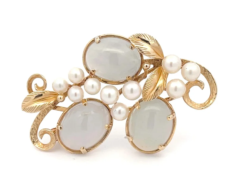 wedding brooches for women-Mings Pale Oval Jade and Pearls Branch Brooch in 14k Yellow Gold