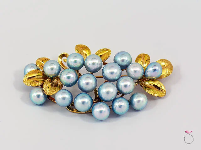 cocktail brooches for women-Ming's Hawaii Silver Blue Pearls Large Cluster Brooch in 14K