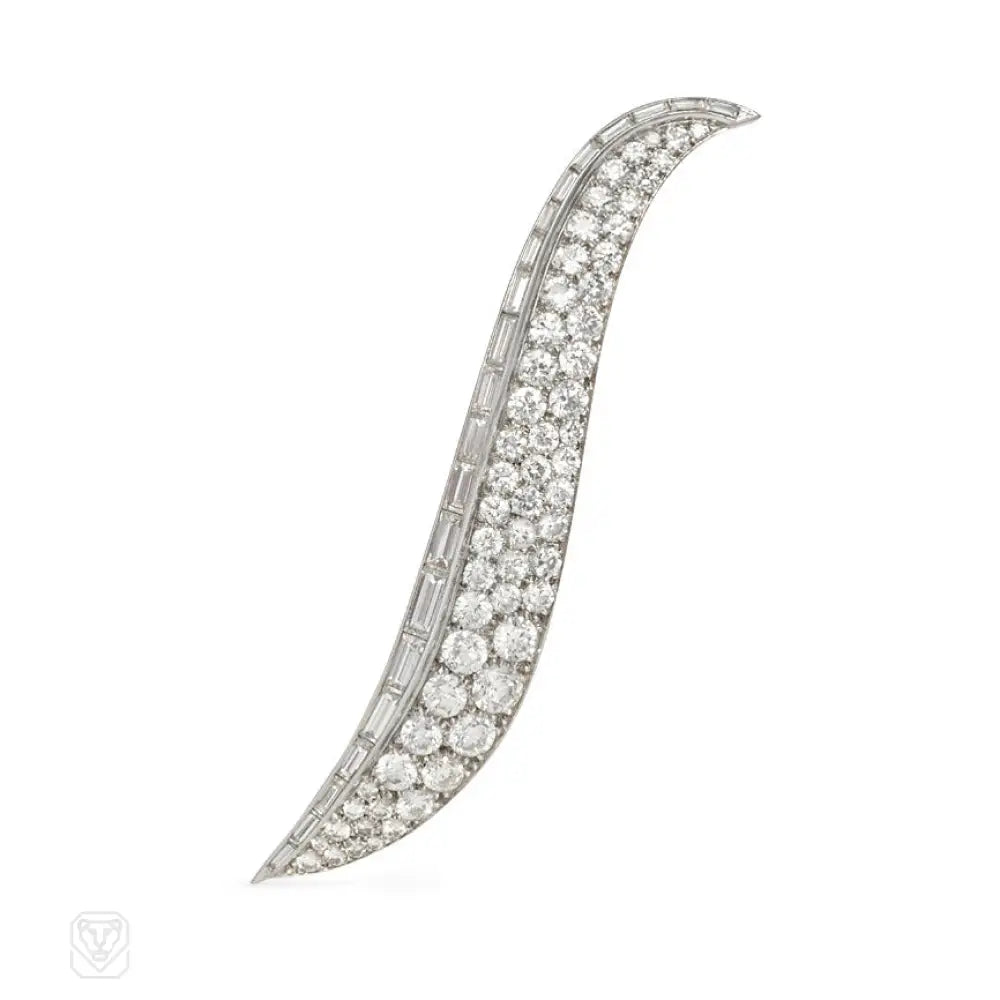 minimalist brooches for women-Diamond and platinum swirl design brooch