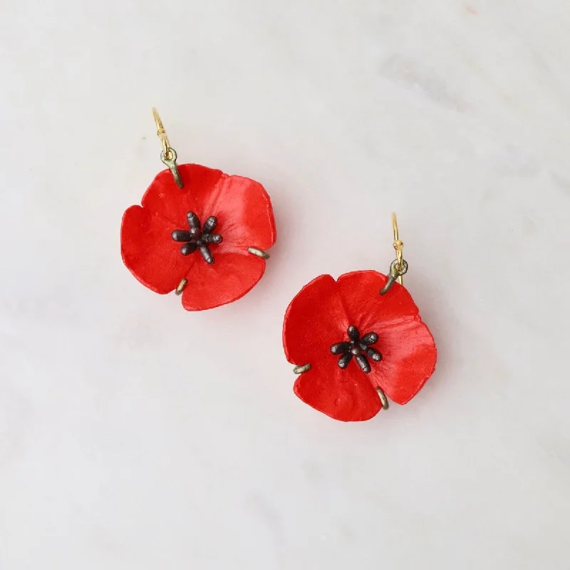 animal earrings for women-Red Poppy Wire Earrings