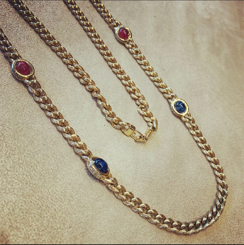 sterling silver chokers for women-Grosse Long gold chain with emerald sapphire ruby glass