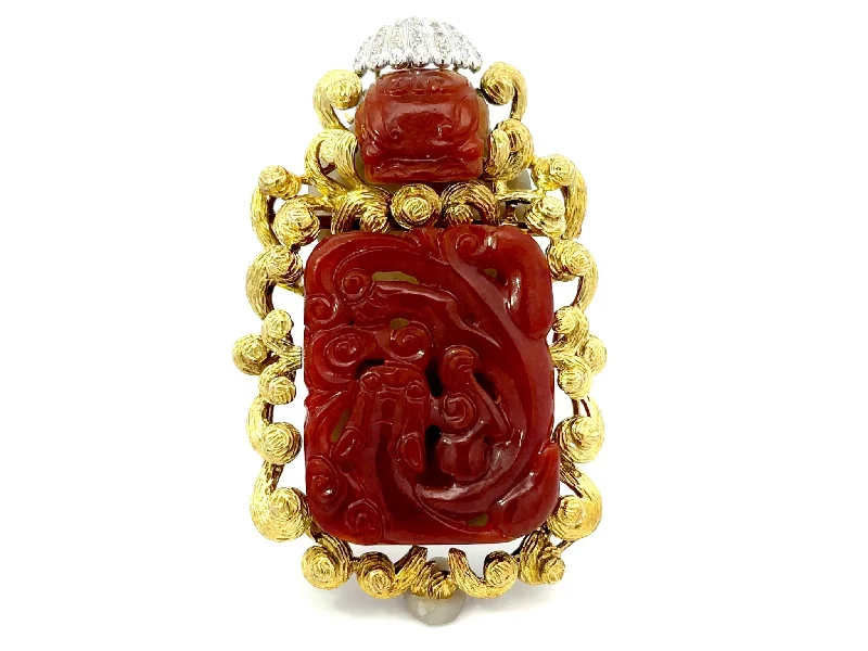 crystal flower brooches for women-Large Buddha Themed Red Jade and Diamond Brooch/Pendant in 14k Yellow Gold