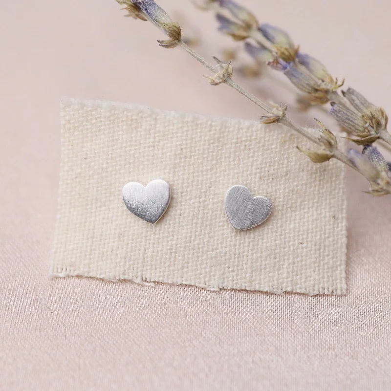 zirconia earrings for women-Little Flat Heart Stud Earrings - Brushed Sterling Silver