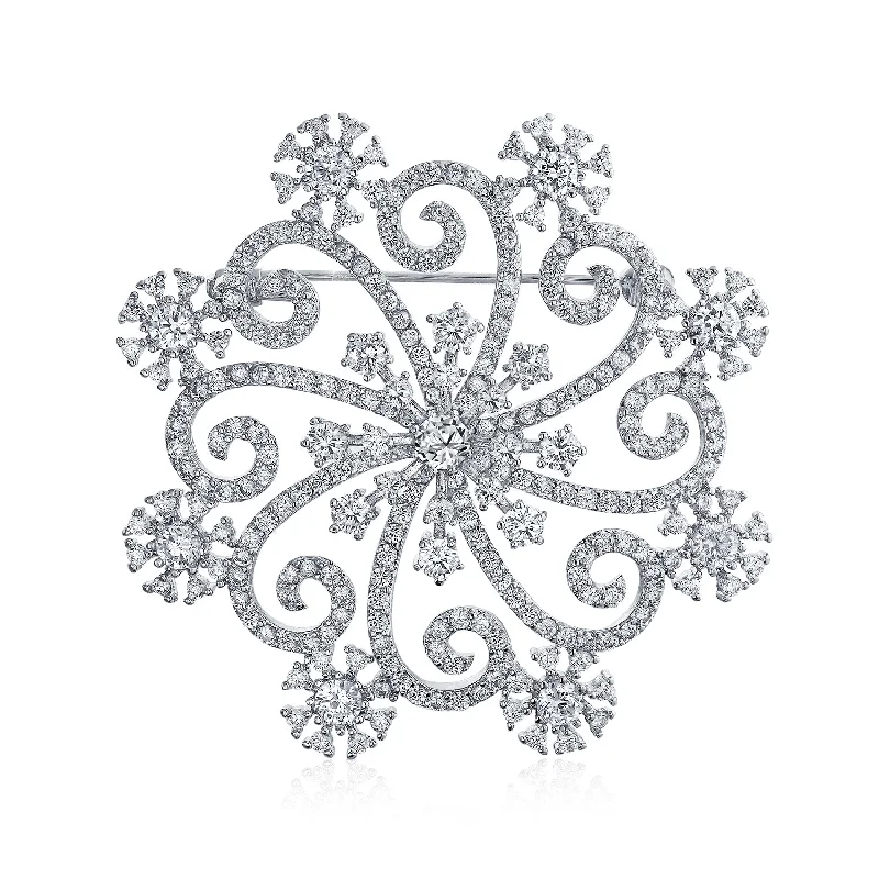 minimal brooches for women-Large Winter Swirl CZ Snowflake Brooche Pin Silver Plated Brass for Holiday Party