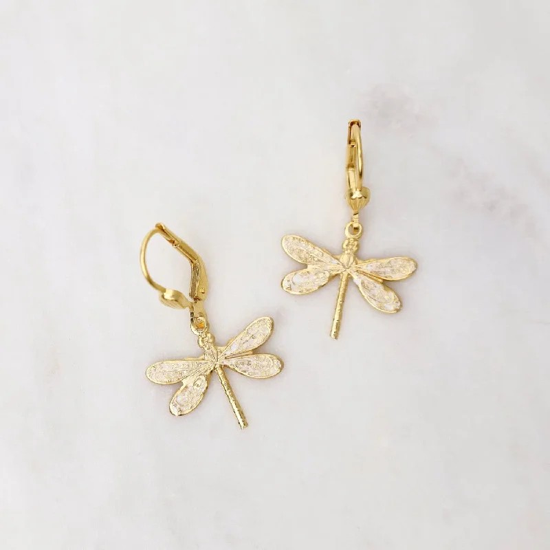 casual earrings for women-Gold White Enamel Dragonfly Earrings