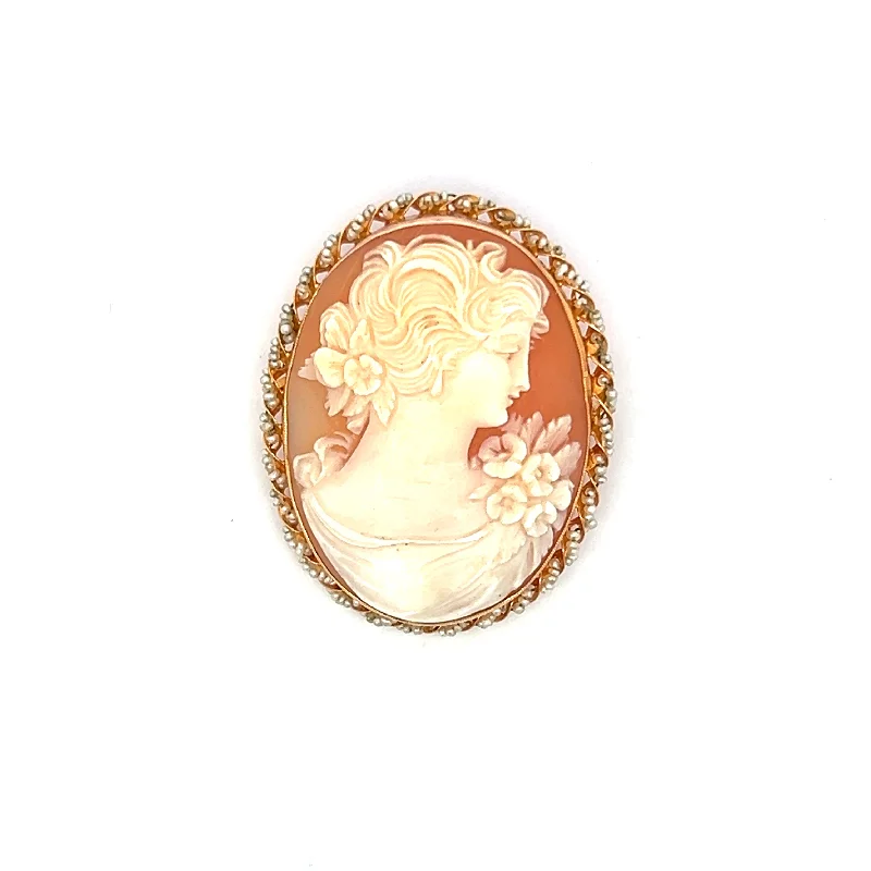 crystal flower brooches for women-Estate 10K Yellow Gold Oval Shell Cameo Brooch