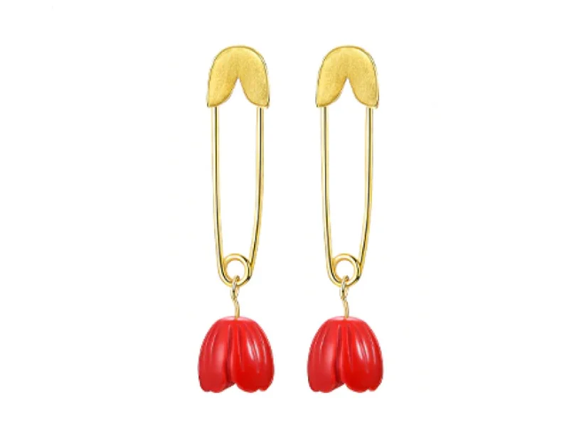 statement earrings for women-Red Rose on a Safety Pin Earring