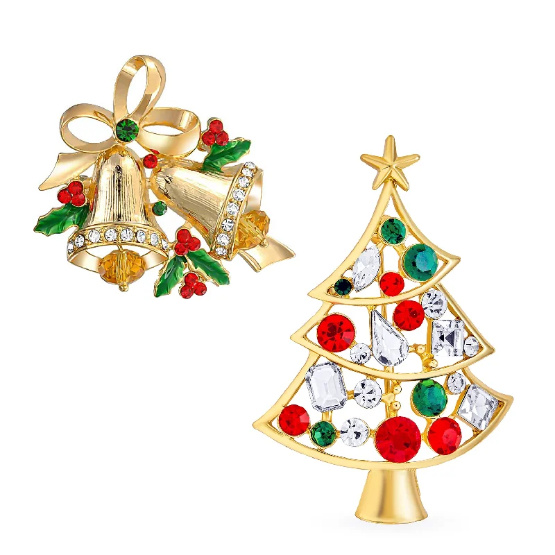 vintage brooches for women-Set of 2 Large Colorful Crystal Holiday Christmas Tree & Bells Brooche Pin Gold Plated