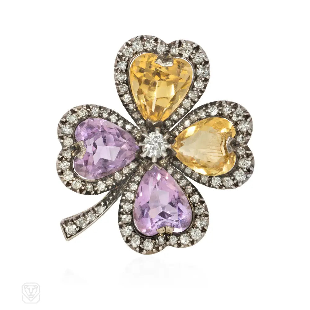 chic brooches for women-Antique amethyst, citrine, and diamond four-leaf clover brooch