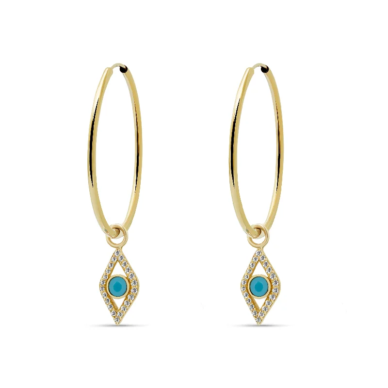 statement stud earrings for women-Evil Eye Diamond Turquoise Hoops - 14 karat gold, diamonds 0.23ct, turquoise 0.1ct