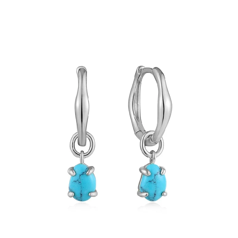 party stud earrings for women-Silver Turquoise Drop Wave Huggie Hoop Earrings