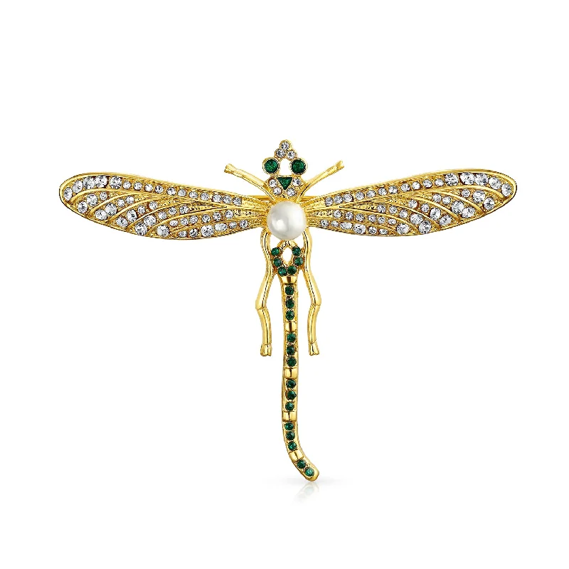 crystal brooches for women-Estate Style Golden Simulated Emerald Dragonfly Brooche Pin 14K Gold Plated