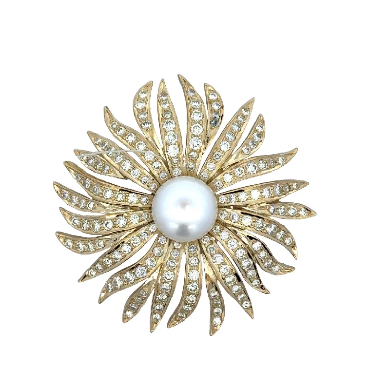 bohemian brooches for women-Statement Vintage Floral Button Pearl and Diamond Brooch in 18k Yellow Gold