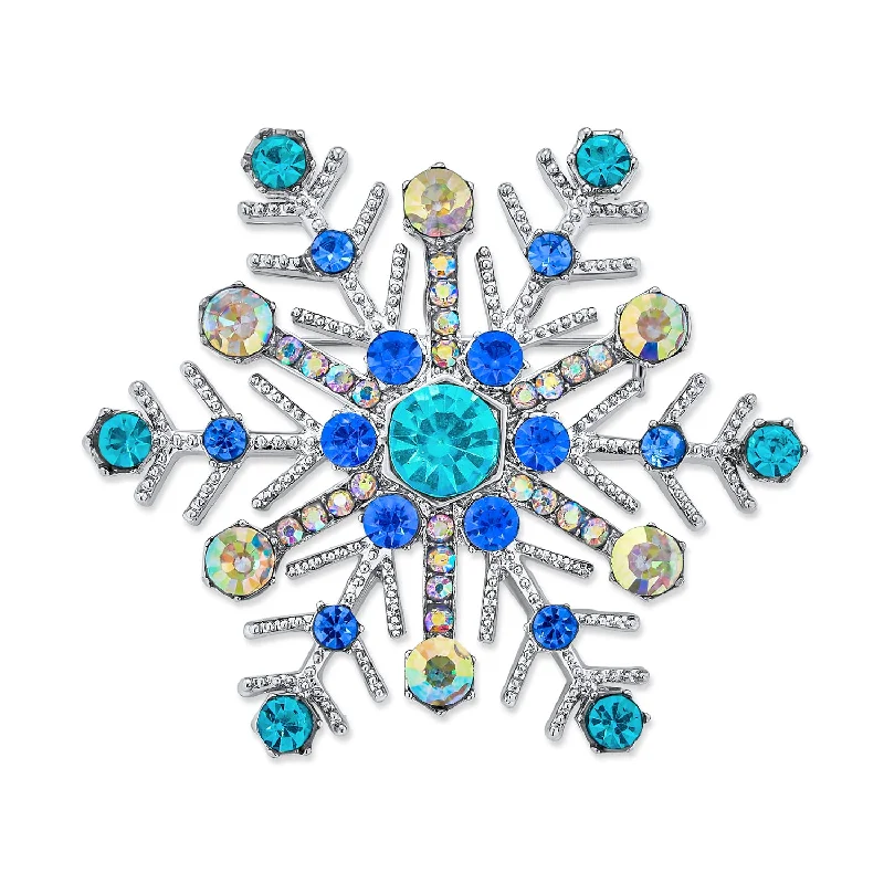 geometric brooches for women-Large Multi Ice Blue Snowflake Brooche Pin Crystal Holiday Party Rhodium Plated