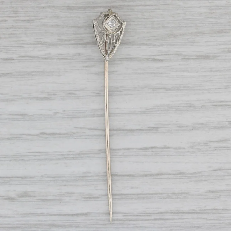 vintage engagement rings for women-Antique Diamond Filigree Stickpin 18k Top 10k Pin White Gold