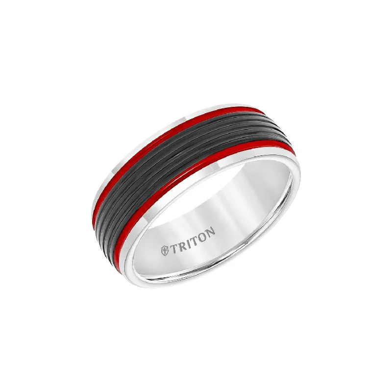 engagement rings with side diamonds for women-Bevel Edge Ribbed Black, White, & Red 8mm Band