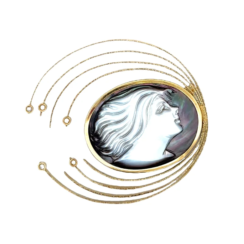 unique brooches for women-Unique Vintage Italian Mother of Pearl Cameo and Diamond Brooch in 18k Yellow Gold