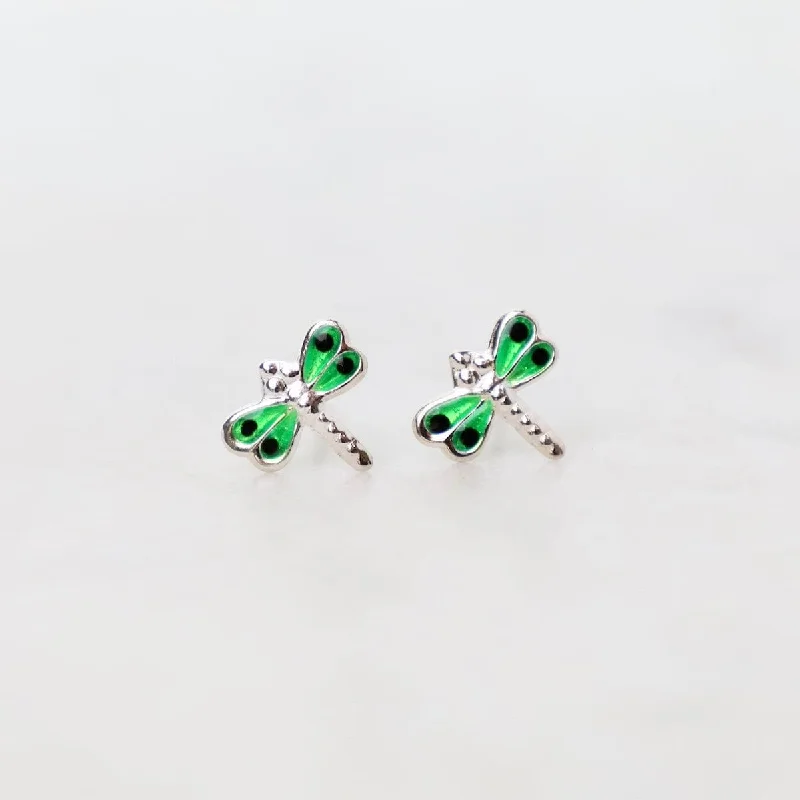 gemstone earrings for women-Enamel Dragonfly Post Earrings in Green