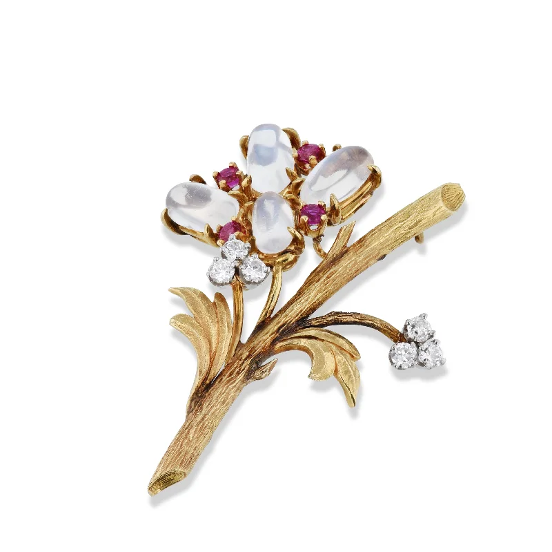 statement brooches for women-Yellow Gold Diamond Moonstone Ruby Flower Estate Brooch