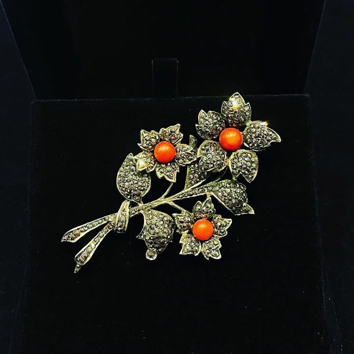 vintage rhinestone brooches for women-Victorian French Coral Flower Brooch