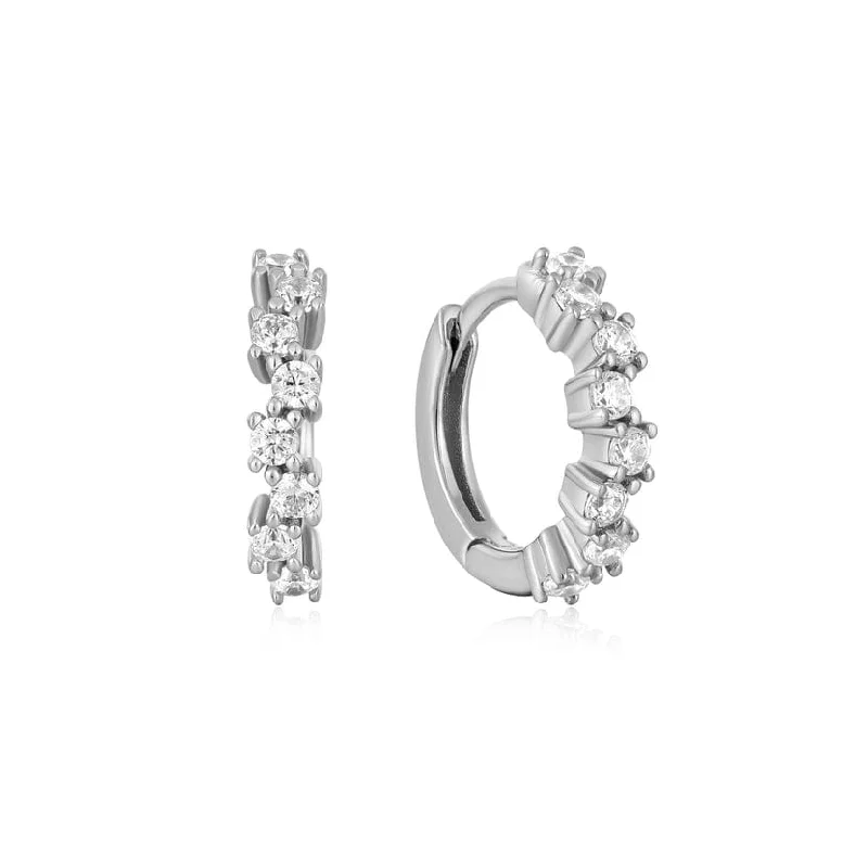 trendy drop earrings for women-Silver Sparkle Cluster Huggie Hoop Earrings