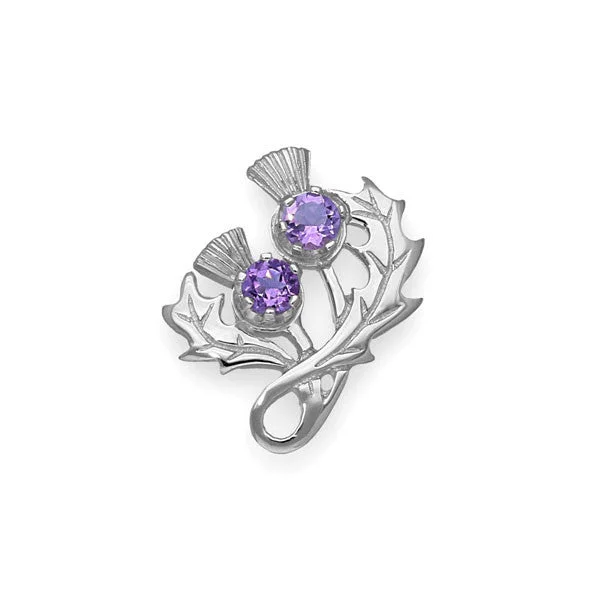 antique brooches for women-Double Thistle Brooch in Sterling Silver with Amethyst