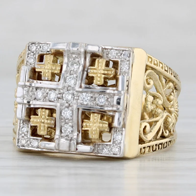 large diamond engagement rings for women-0.20ctw Diamond Jerusalem Cross Ornate Ring 18k White Yellow Gold Size 11