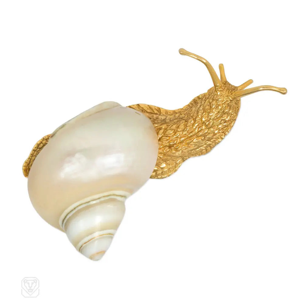 elegant pearl brooches for women-Italian 1950s gold and seashell snail brooch