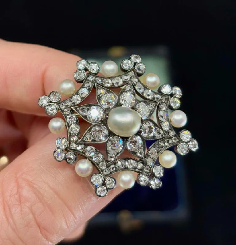 luxury diamond brooches for women-Antique Victorian Natural Pearl and Diamond Brooch