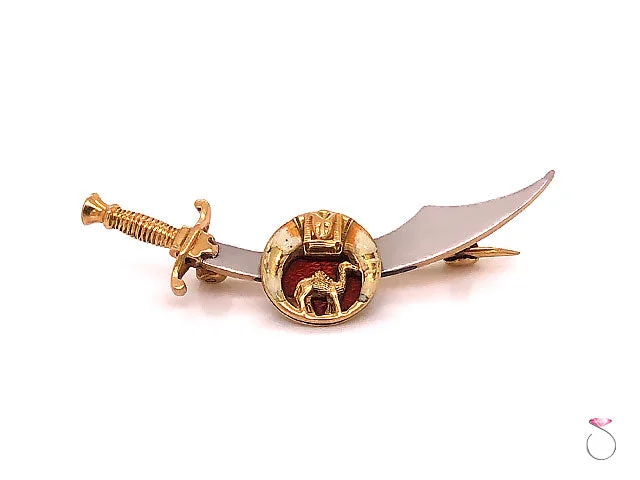 floral gemstone brooches for women-Vintage Shriners Masonic Enamel Sword Brooch in 14K Yellow Gold