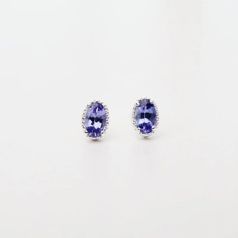 antique earrings for women-Sterling Silver Oval Tanzanite with Milgrain Edge Stud Earrings